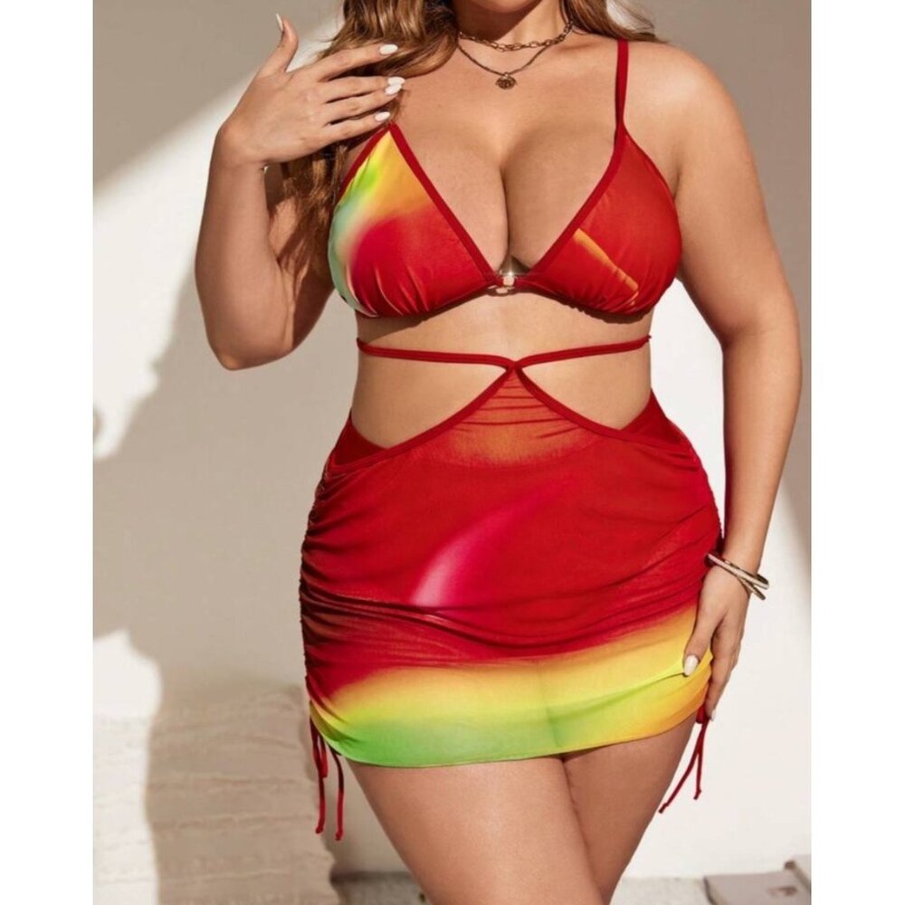 Three-Piece Plus Size Bikini & Cover-Up Set With Rainbow Gradient Print 3XL Shei